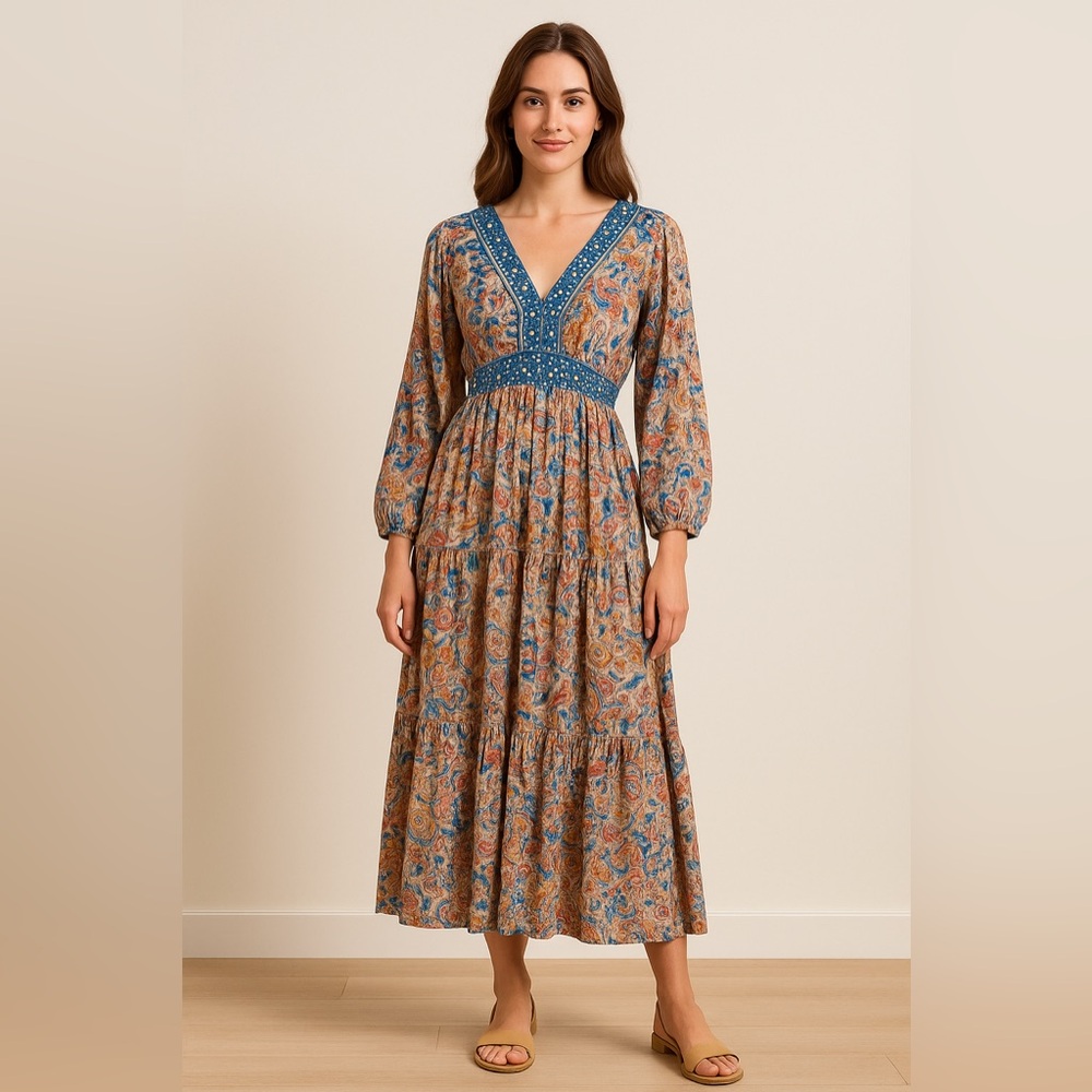 Boho Paisley Long Sleeve Maxi Dress - Blue & Tan